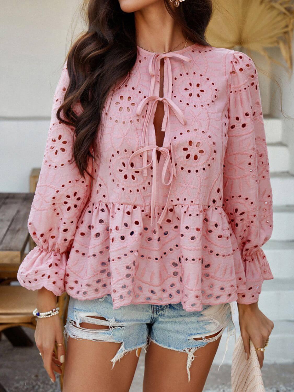 Devine Tie Front Flounce Sleeve Peplum Blouse - Clothes For Her Online Store