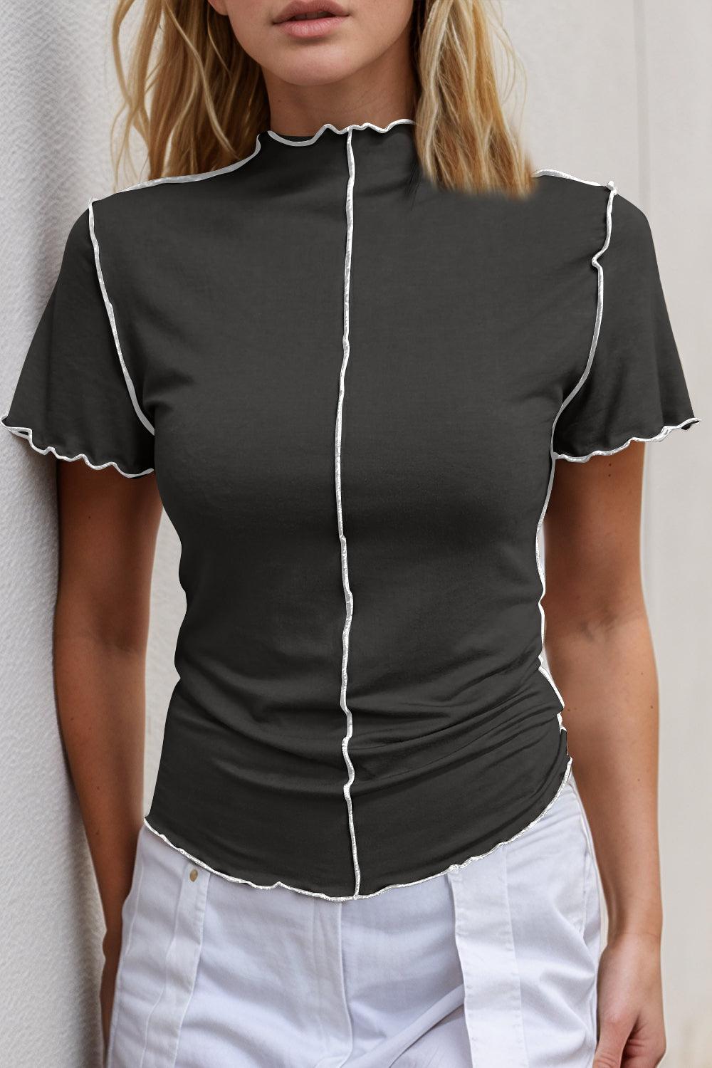 Basic Bae Contrast Trim Mock Neck Short Sleeve T-Shirt - Clothes For Her Online Store