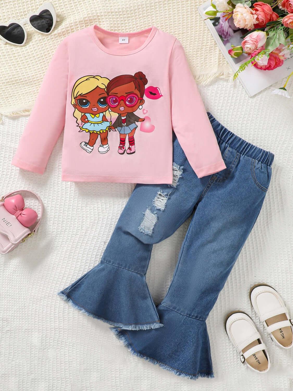 Children's Round Neck Graphic Top and Pants Set - Clothes For Her Online Store