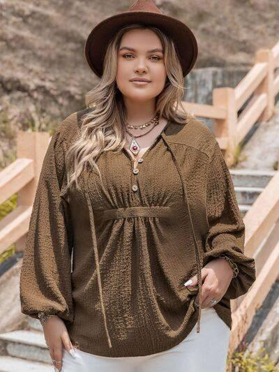 Plus Size Tie Neck Long Sleeve Blouse - Clothes For Her Online Store