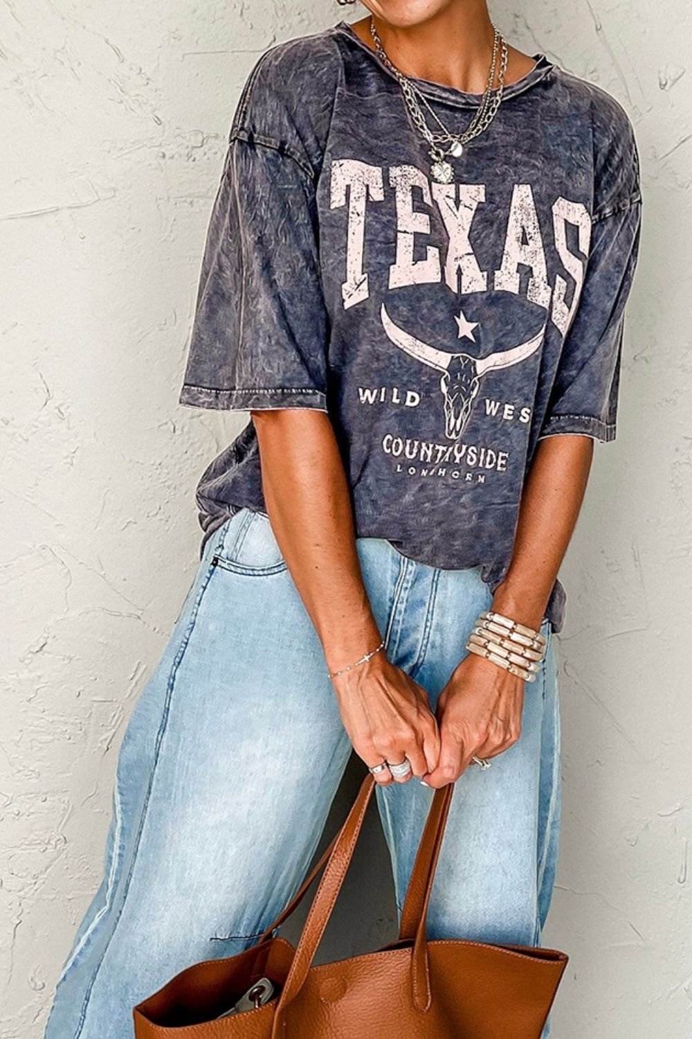 TEXAS Steer Head Graphic Mineral Wash Oversized T-Shirt - Clothes For Her Online Store