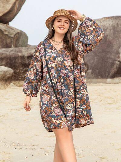 Plus Size Printed V-Neck Balloon Sleeve Mini Dress - Clothes For Her Online Store