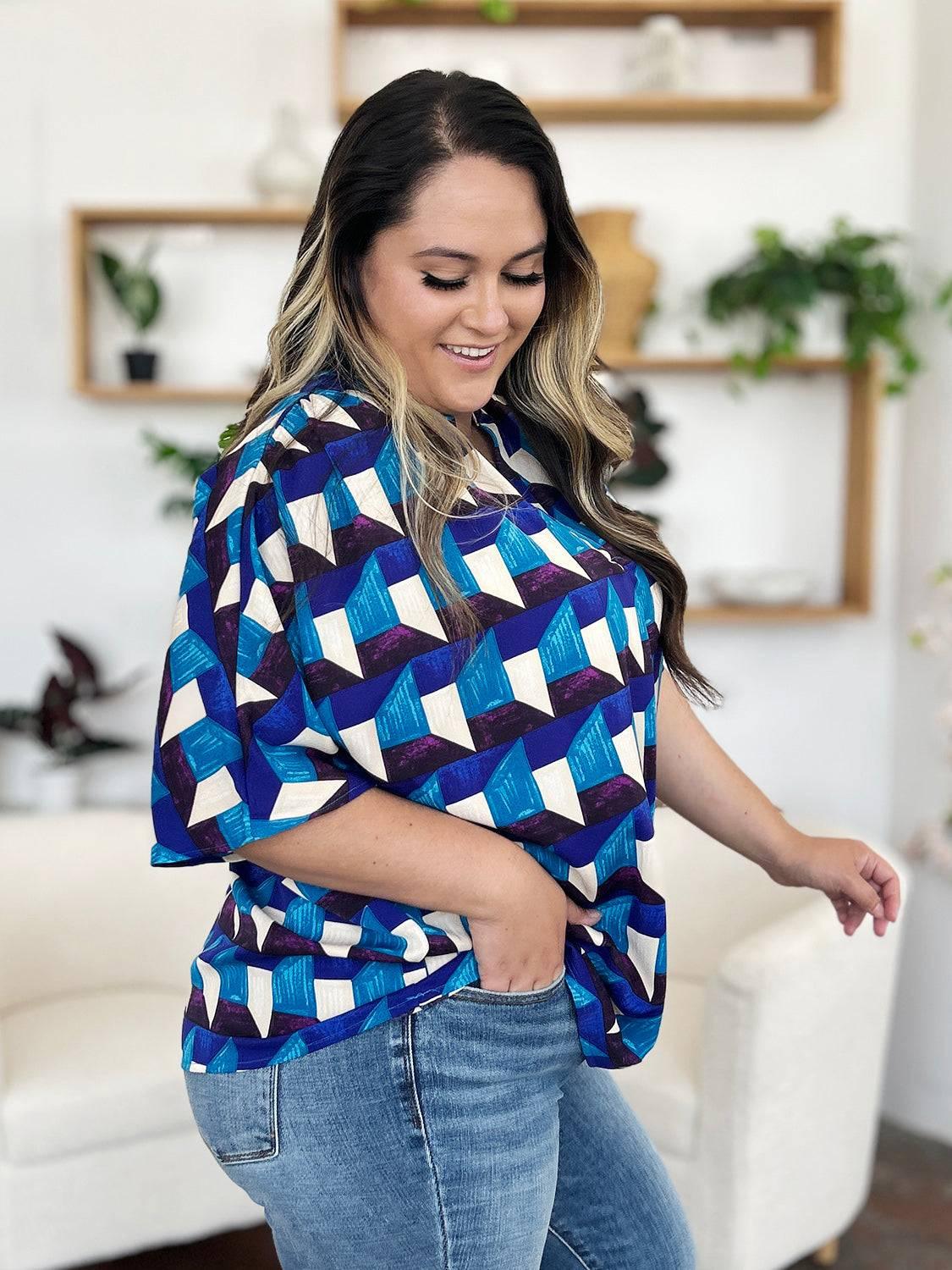Double Take Full Size Geometric Notched Half Sleeve Blouse - Clothes For Her Online Store