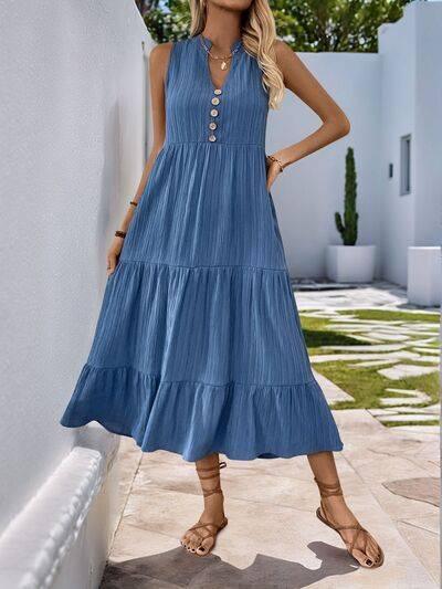 Perfee Decorative Button Notched Sleeveless Tiered Dress - Clothes For Her Online Store