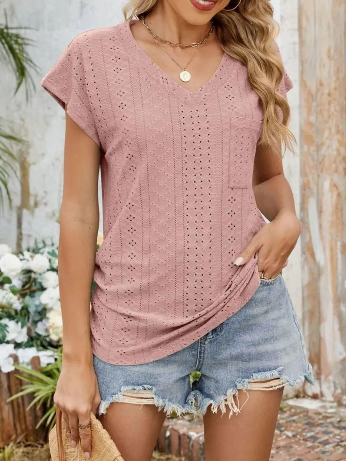 Eyelet V-Neck Short Sleeve Top - Clothes For Her Online Store