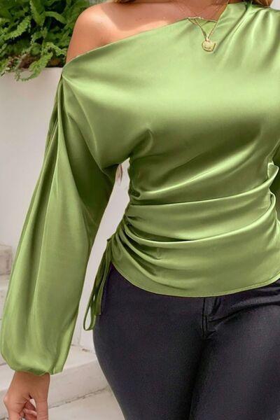 Drawstring One Shoulder Long Sleeve Blouse - Clothes For Her Online Store