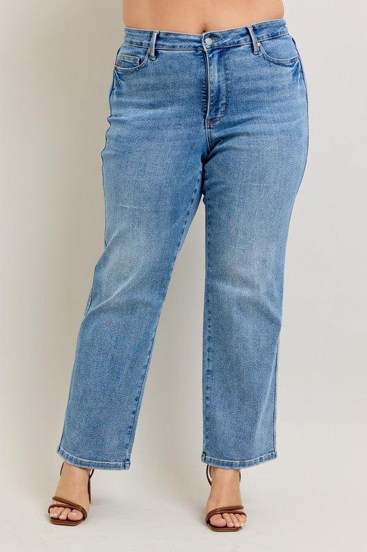 Judy Blue Full Size Tummy Control Vintage Wash Straight Jeans Plus Size - Clothes For Her Online Store