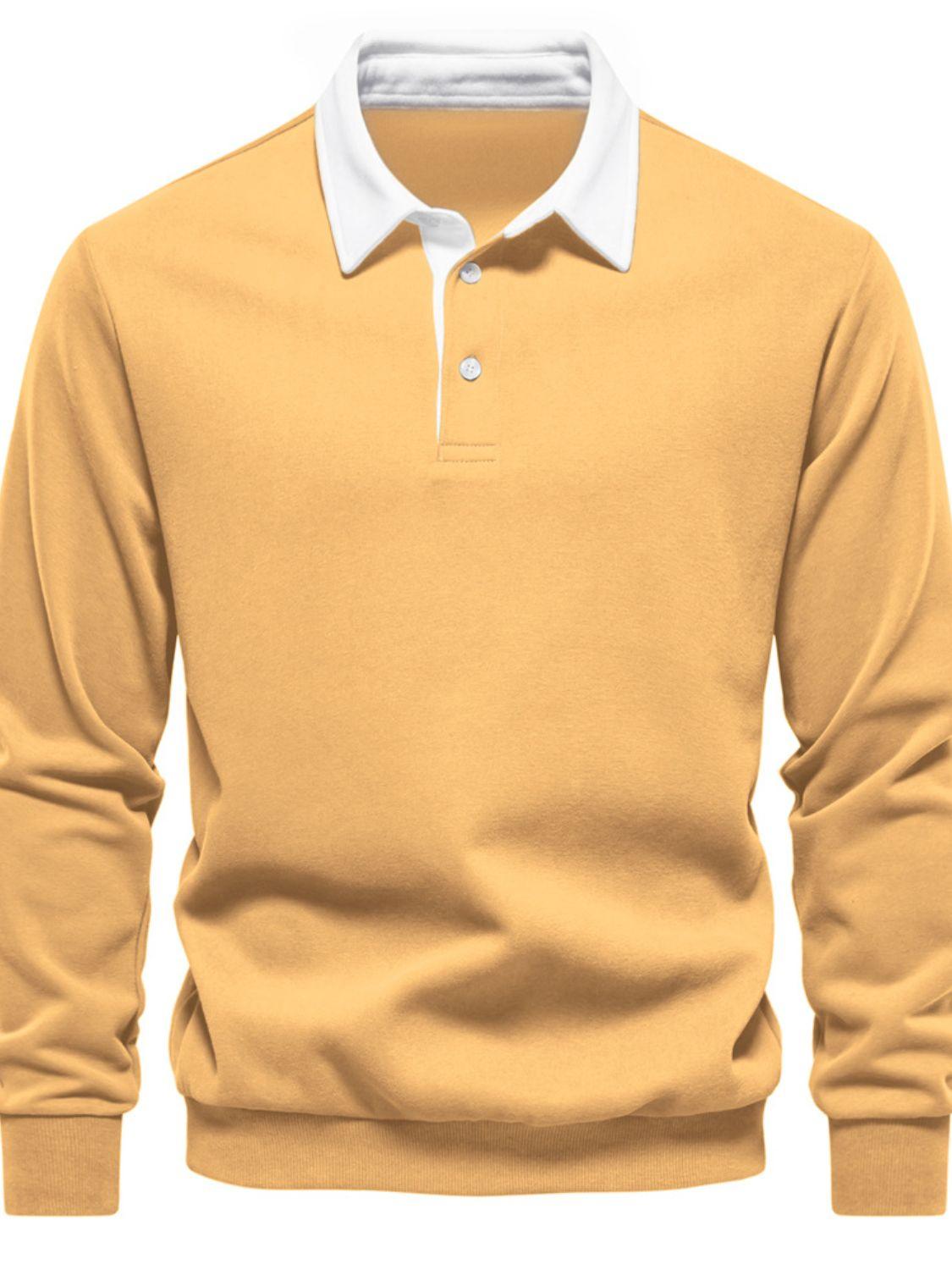 Men's Quarter Button Collared Neck Long Sleeve Polo - Clothes For Her Online Store