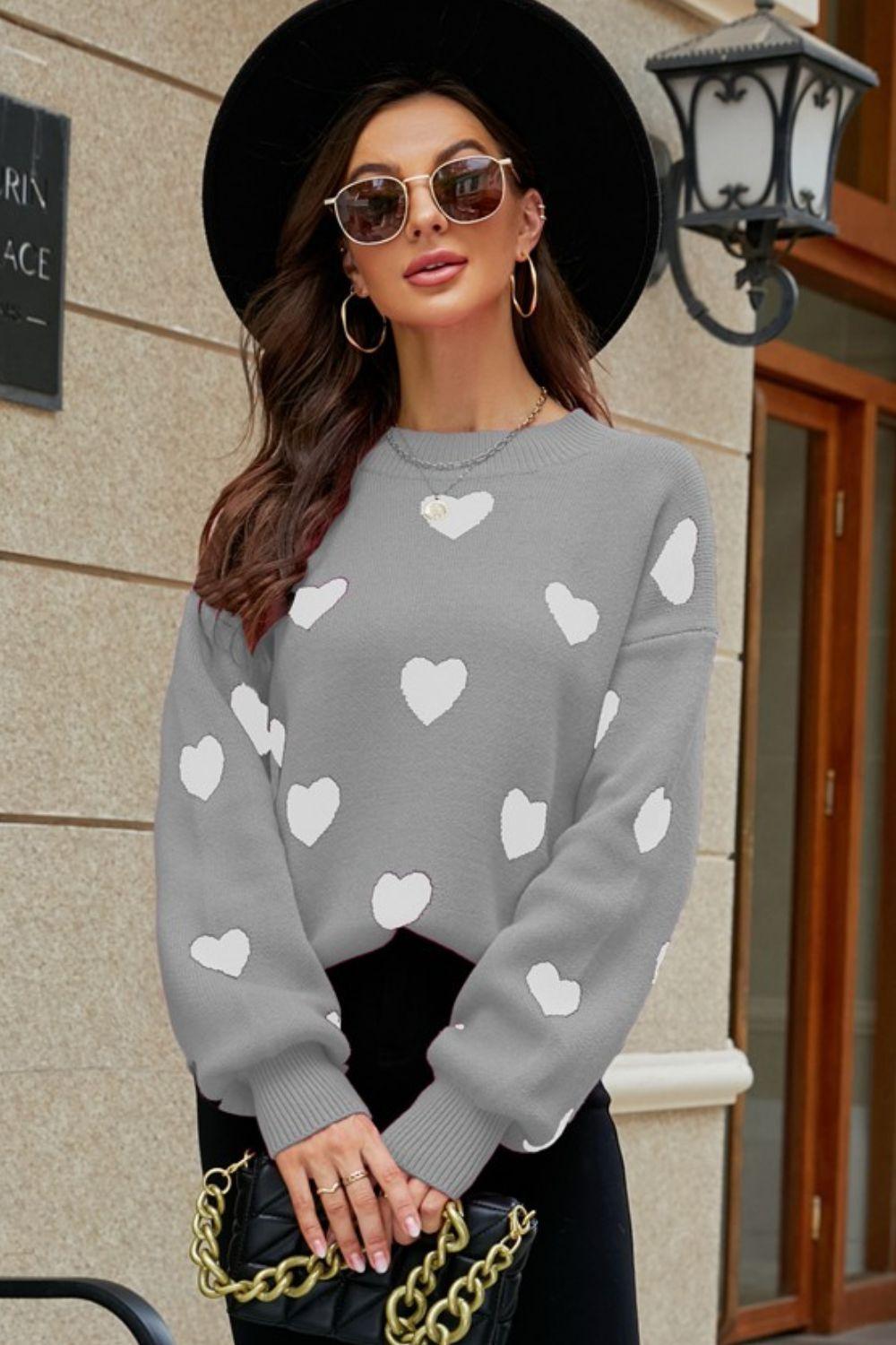 Woven Right Heart Pattern Lantern Sleeve Round Neck Tunic Sweater - Clothes For Her Online Store