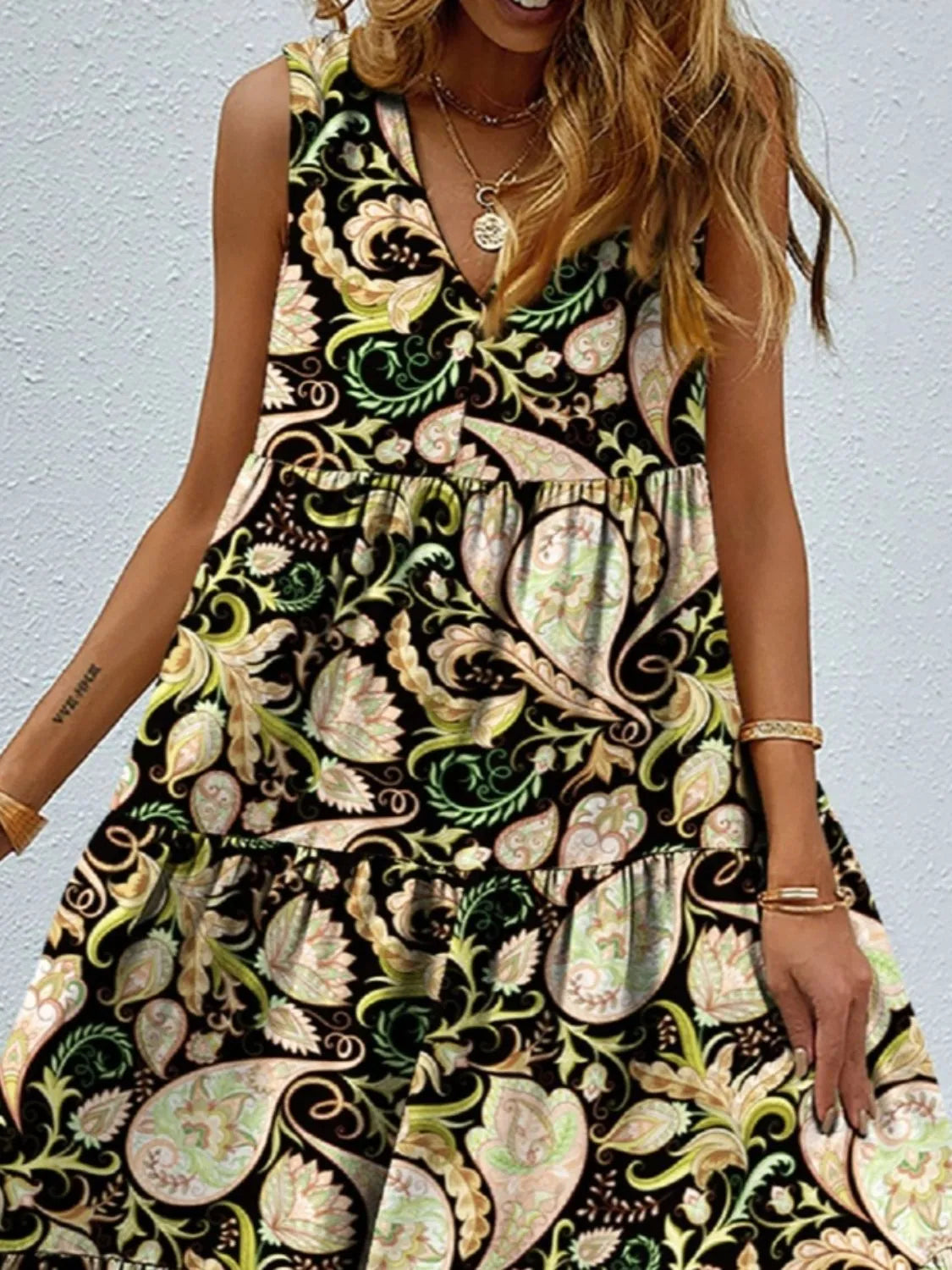 Printed V-Neck Tiered Maxi Tank Dress