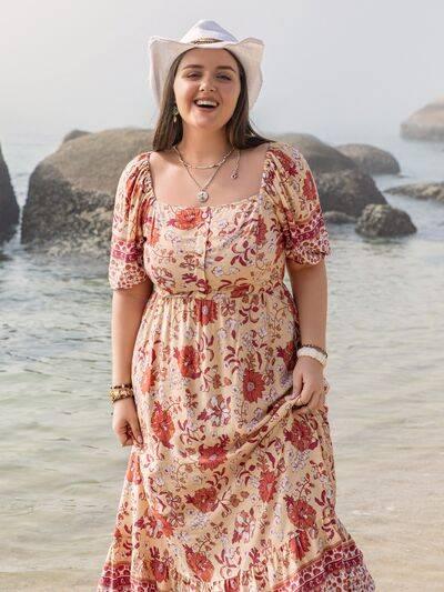 Plus Size Printed Square Neck Ruffle Hem Dress - Clothes For Her Online Store
