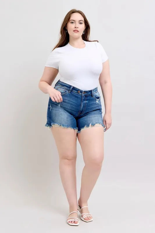 Judy Blue Plus Size 2 Button Dad Shorts with Destrroy
