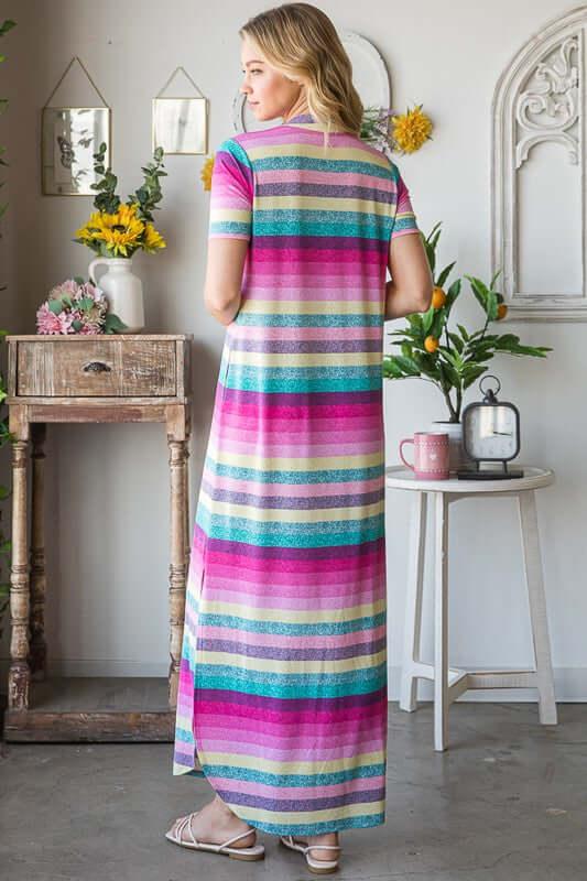 Heimish Full Size Striped Short Sleeve Maxi Tee Dress Plus Size - Clothes For Her Online Store