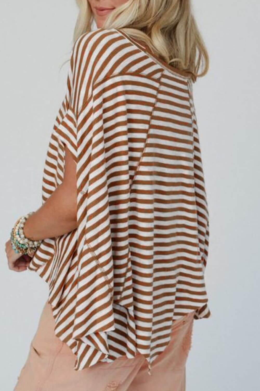 Stripe Batwing Sleeve Round Neck Oversized Top - Clothes For Her Online Store