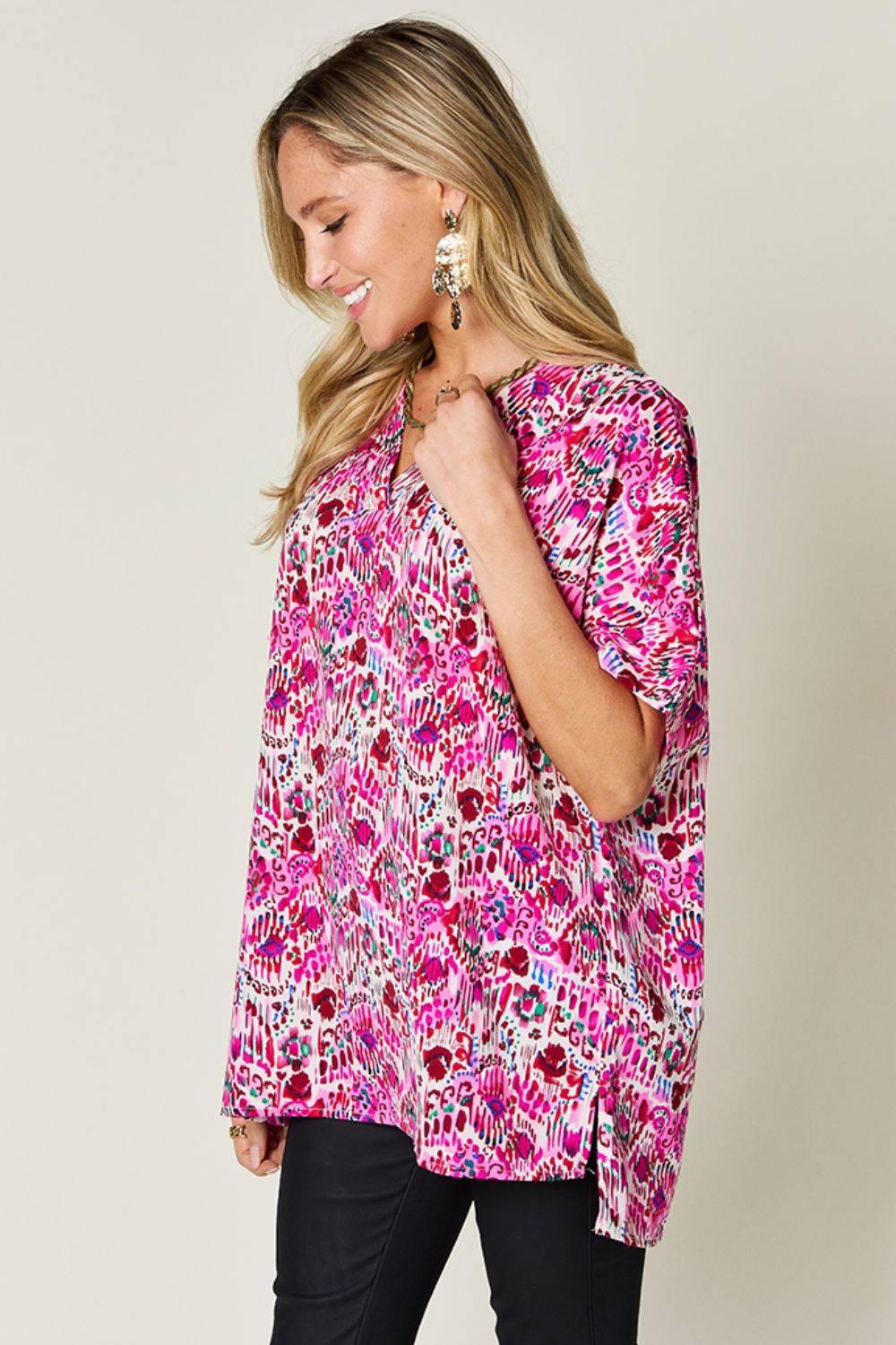 Double Take Full Size Printed V-Neck Short Sleeve Blouse - Clothes For Her Online Store