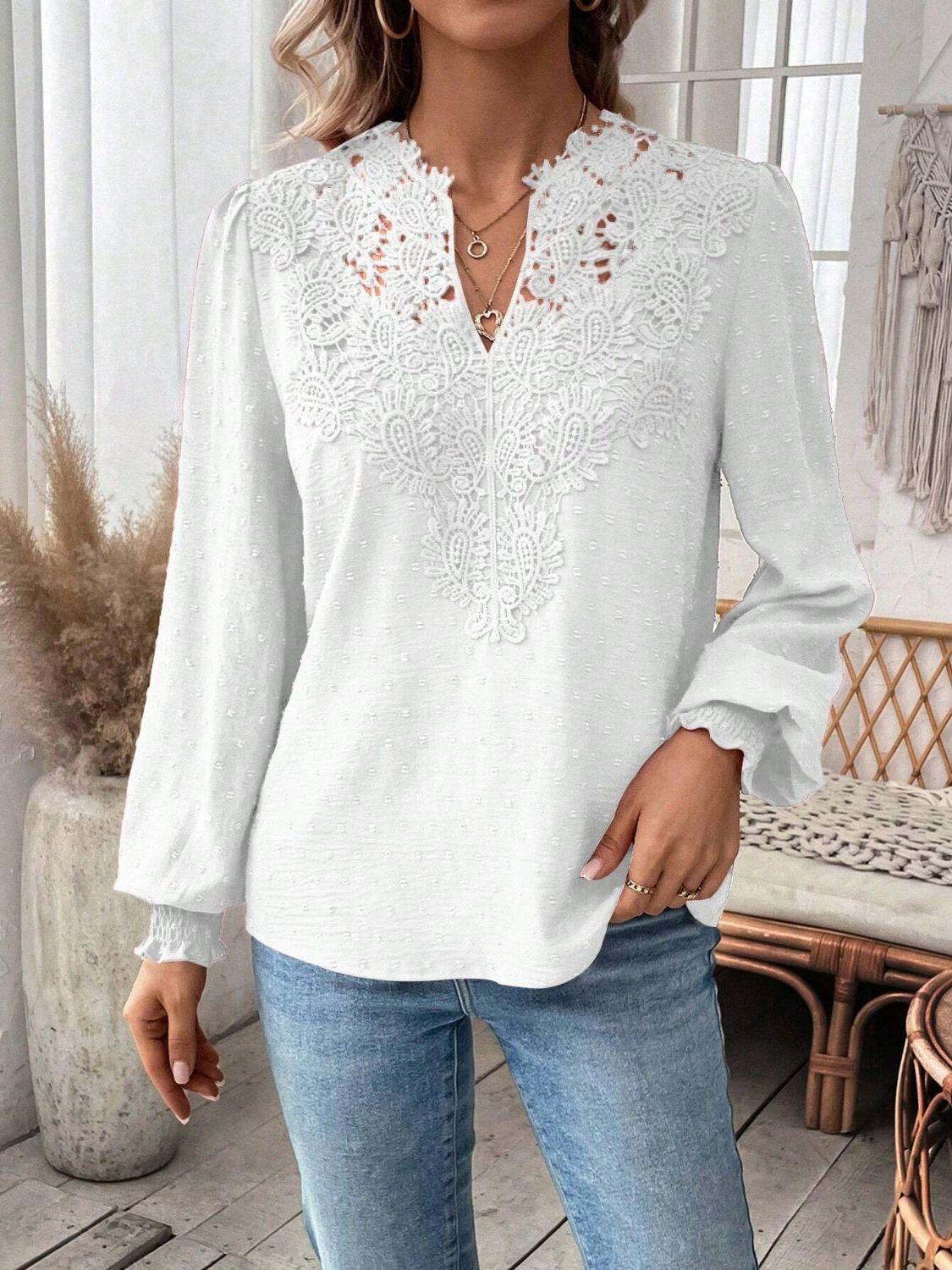 Swiss Dot Lace Detail Notched Long Sleeve Blouse - Clothes For Her Online Store
