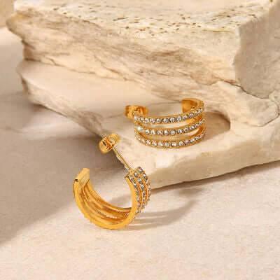 Stainless Steel Inlaid Zircon C-Hoop Earrings - Clothes For Her Online Store