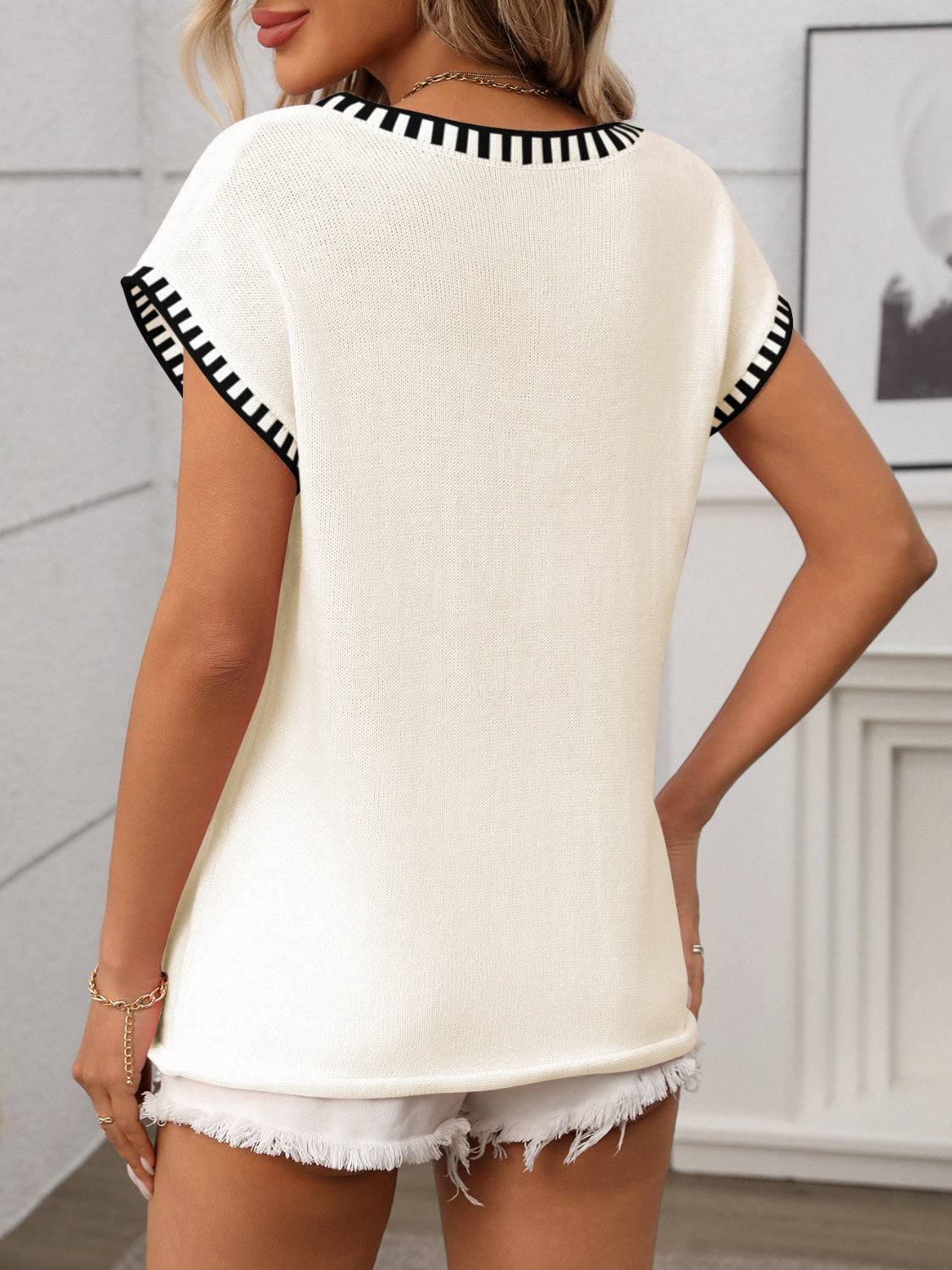 Contrast Trim V-Neck Short Sleeve Knit Top - Clothes For Her Online Store