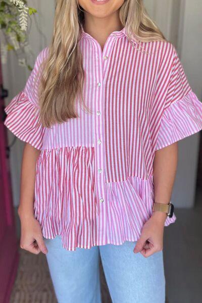 Button Down Striped Ruffled Hem Shirt - Clothes For Her Online Store