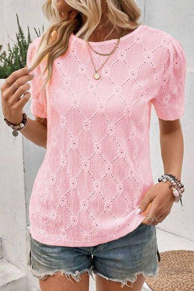 Flower Geometric Textured Short Sleeve Top - Clothes For Her Online Store
