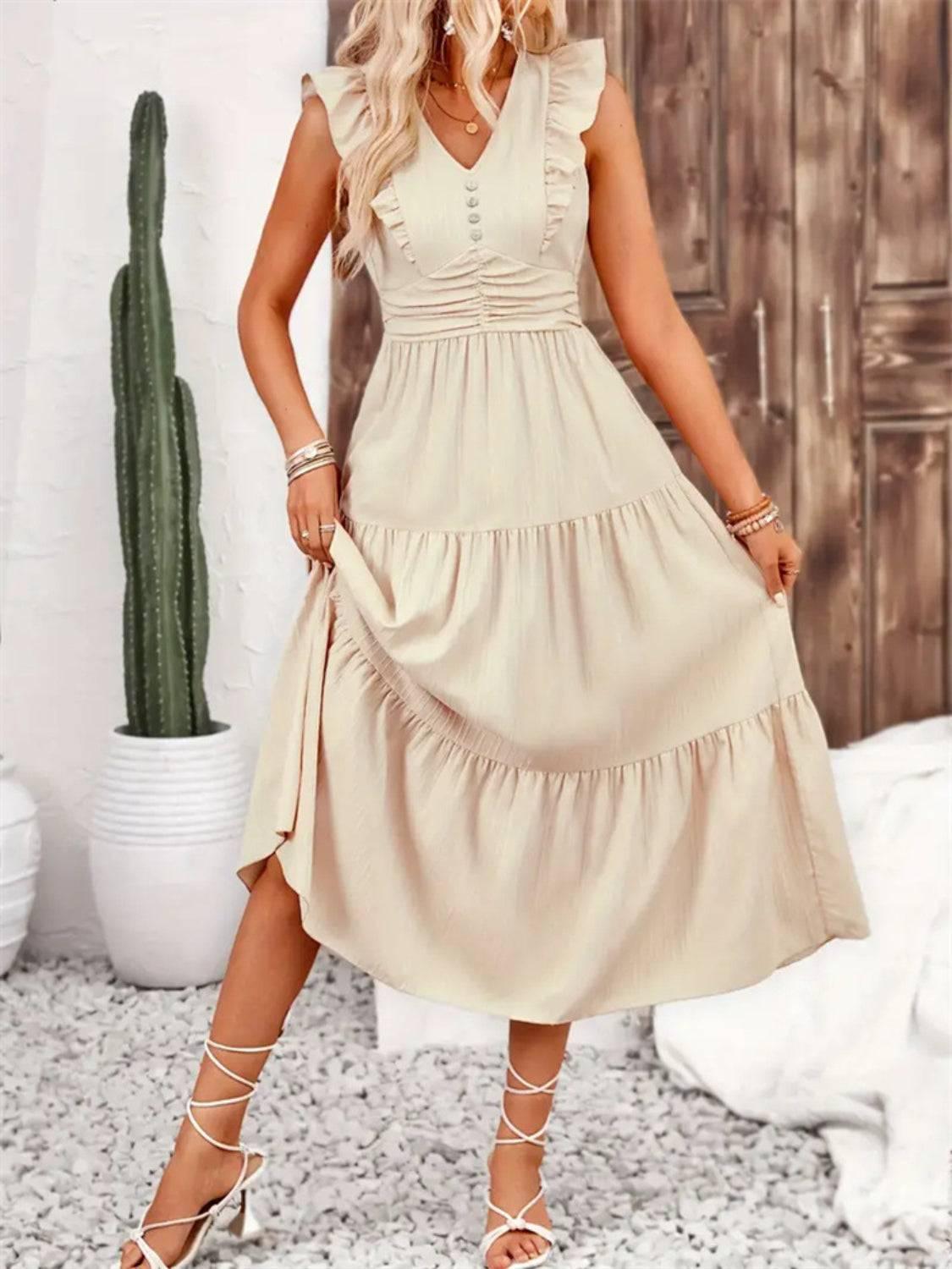 Decor Button Ruffled Tiered Midi Dress - Clothes For Her Online Store