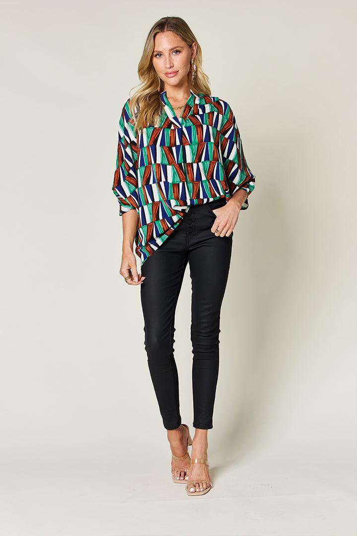 Double Take Full Size Geometric Notched Dolman Sleeve Top - Clothes For Her Online Store