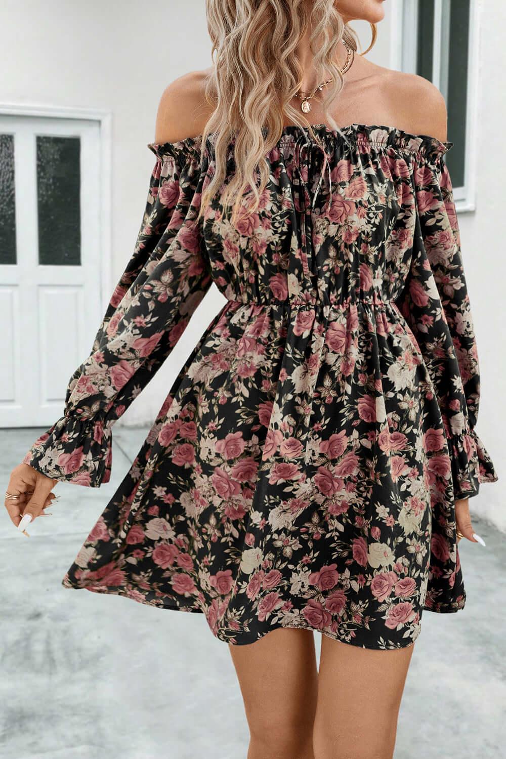 Floral Off-Shoulder Flounce Sleeve Dress - Clothes For Her Online Store