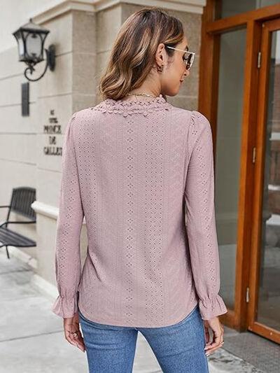 Lace Detail Eyelet V-Neck Flounce Sleeve Blouse - Clothes For Her Online Store