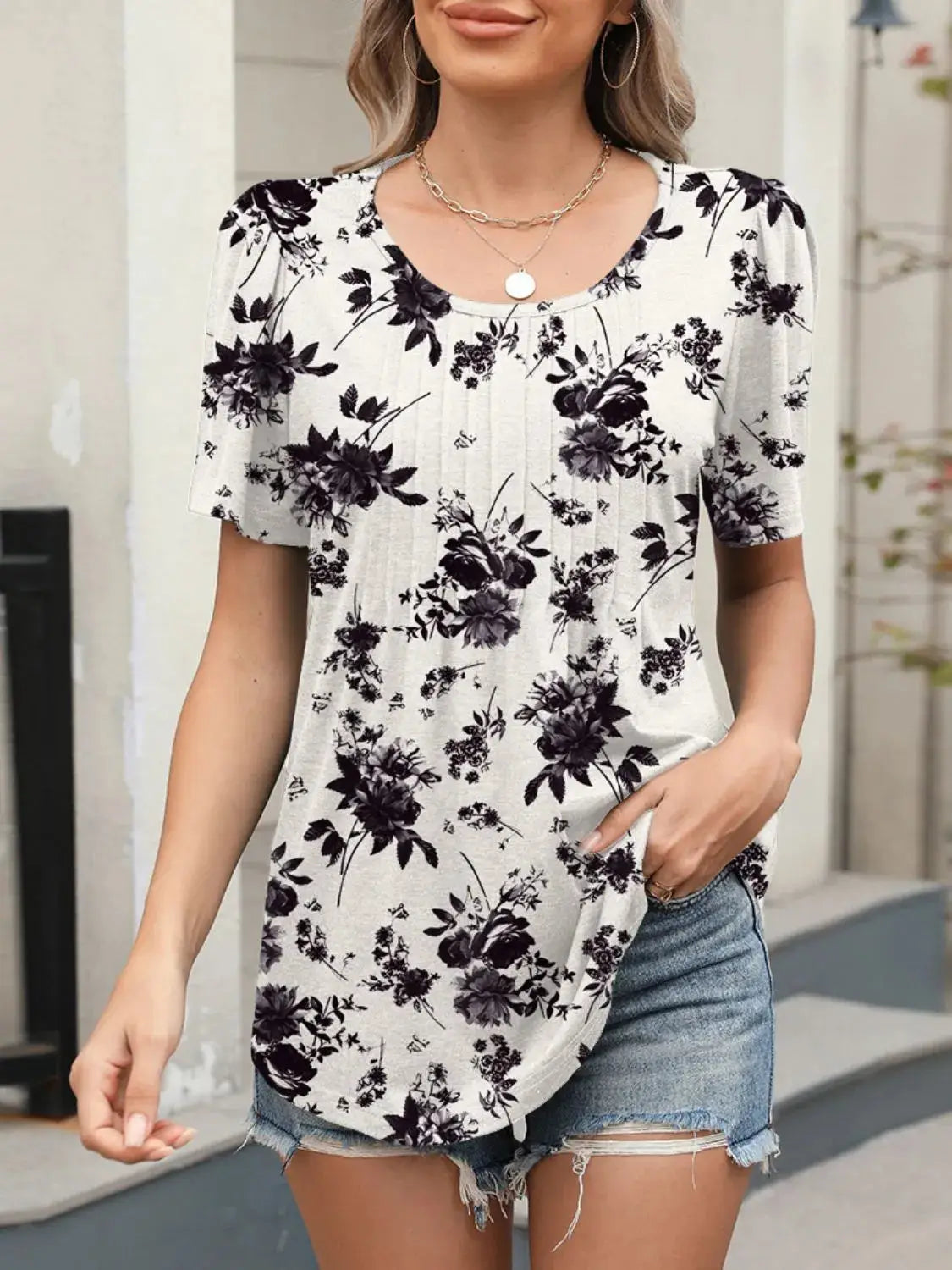 Floral Round Neck Short Sleeve Top - Clothes For Her Online Store