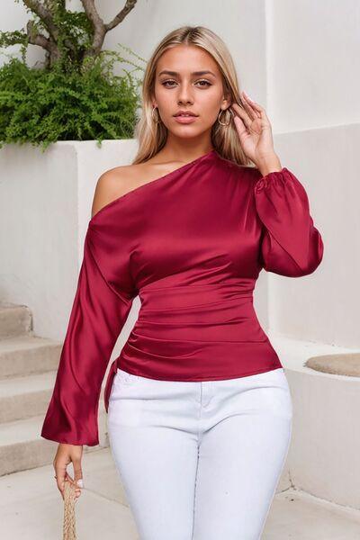 Drawstring One Shoulder Long Sleeve Blouse - Clothes For Her Online Store