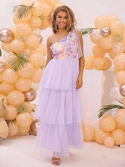 Embroidered Layered Single Shoulder Dress - Clothes For Her Online Store