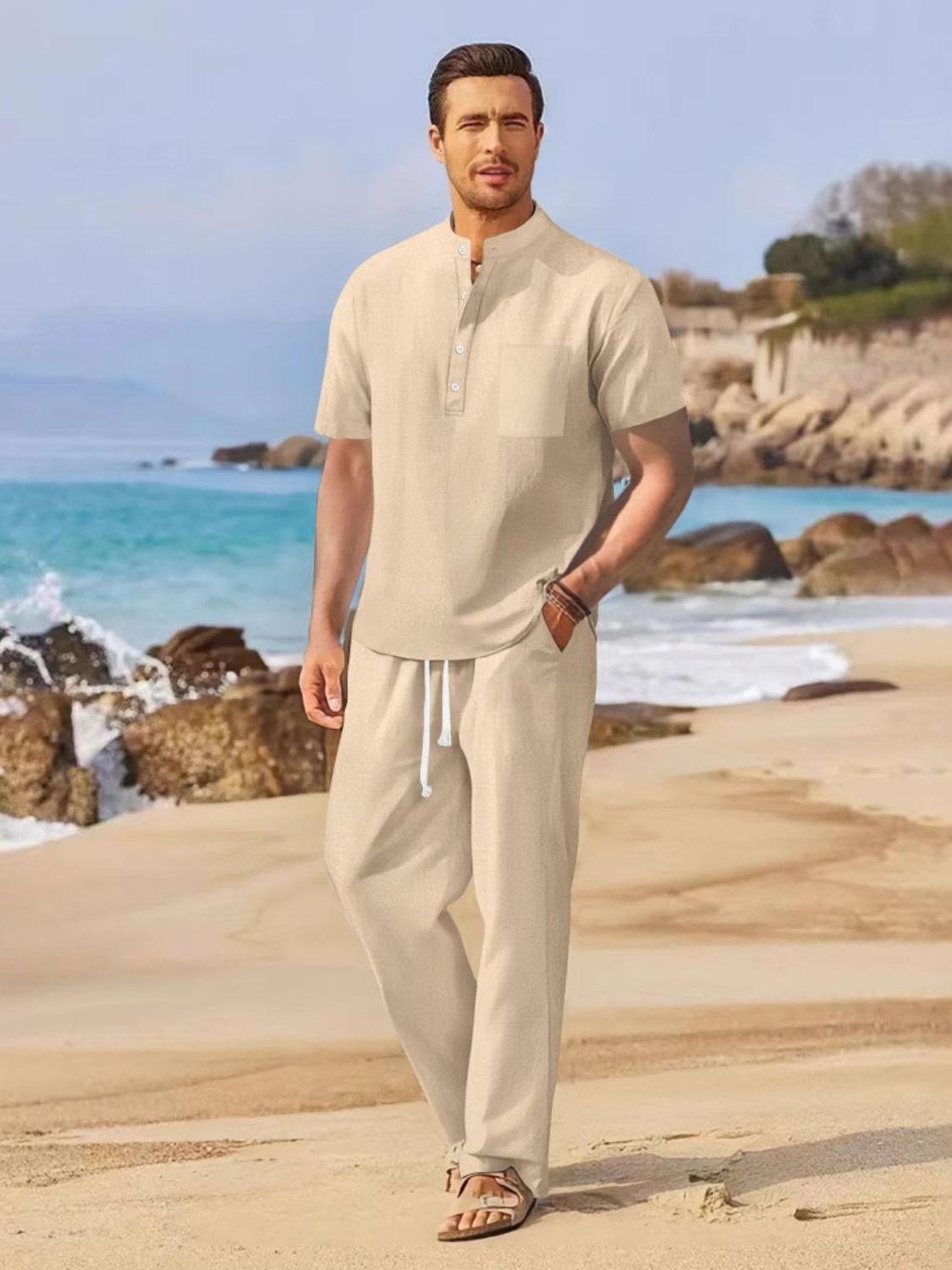 Men's Full Size Half Button Top and Drawstring Pants Set Plus Size - Clothes For Her Online Store