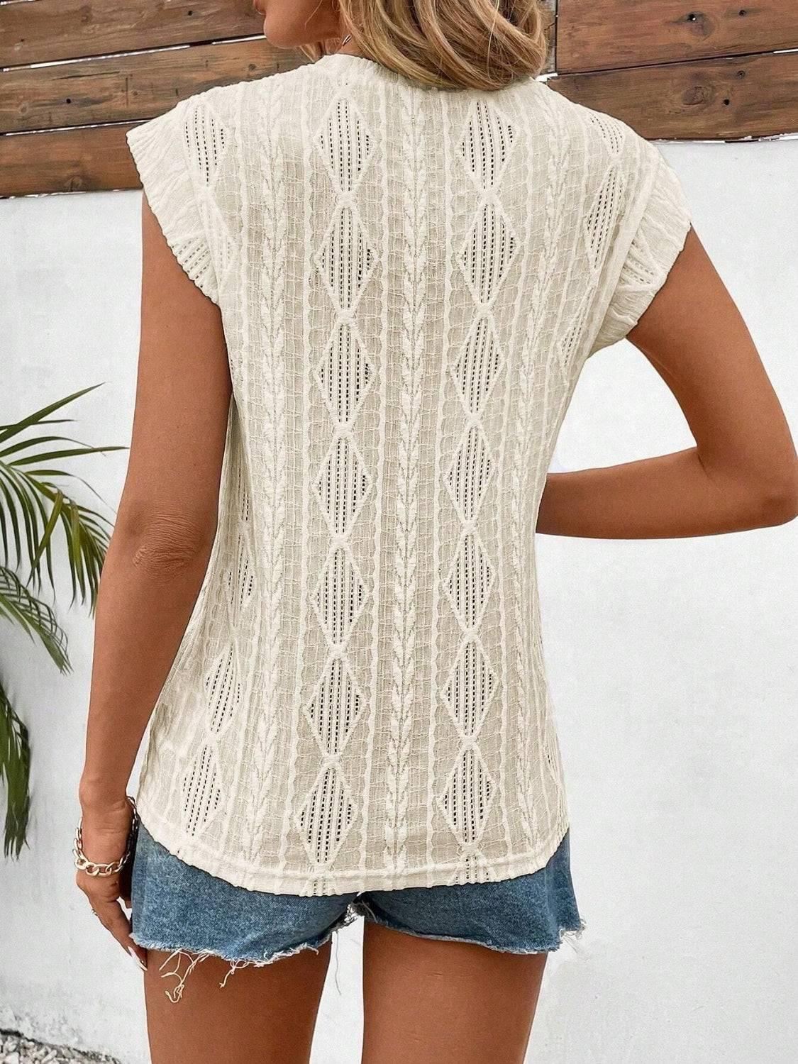 Eyelet Round Neck Cap Sleeve Top - Clothes For Her Online Store