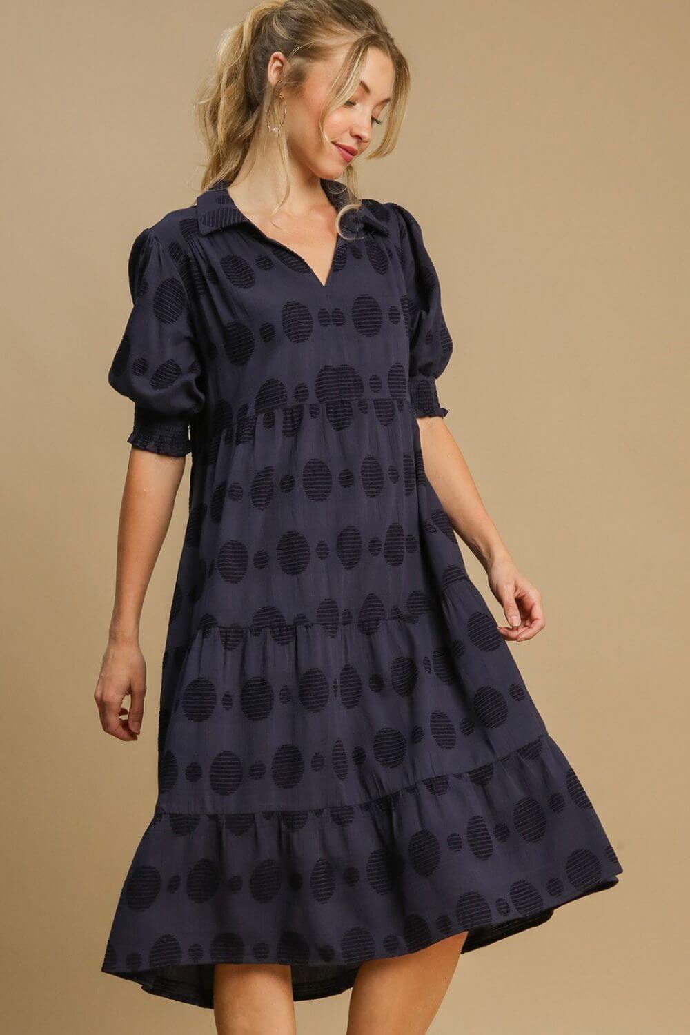 Umgee Full Size Swiss Dot Jacquard Tiered Midi Dress Plus Size