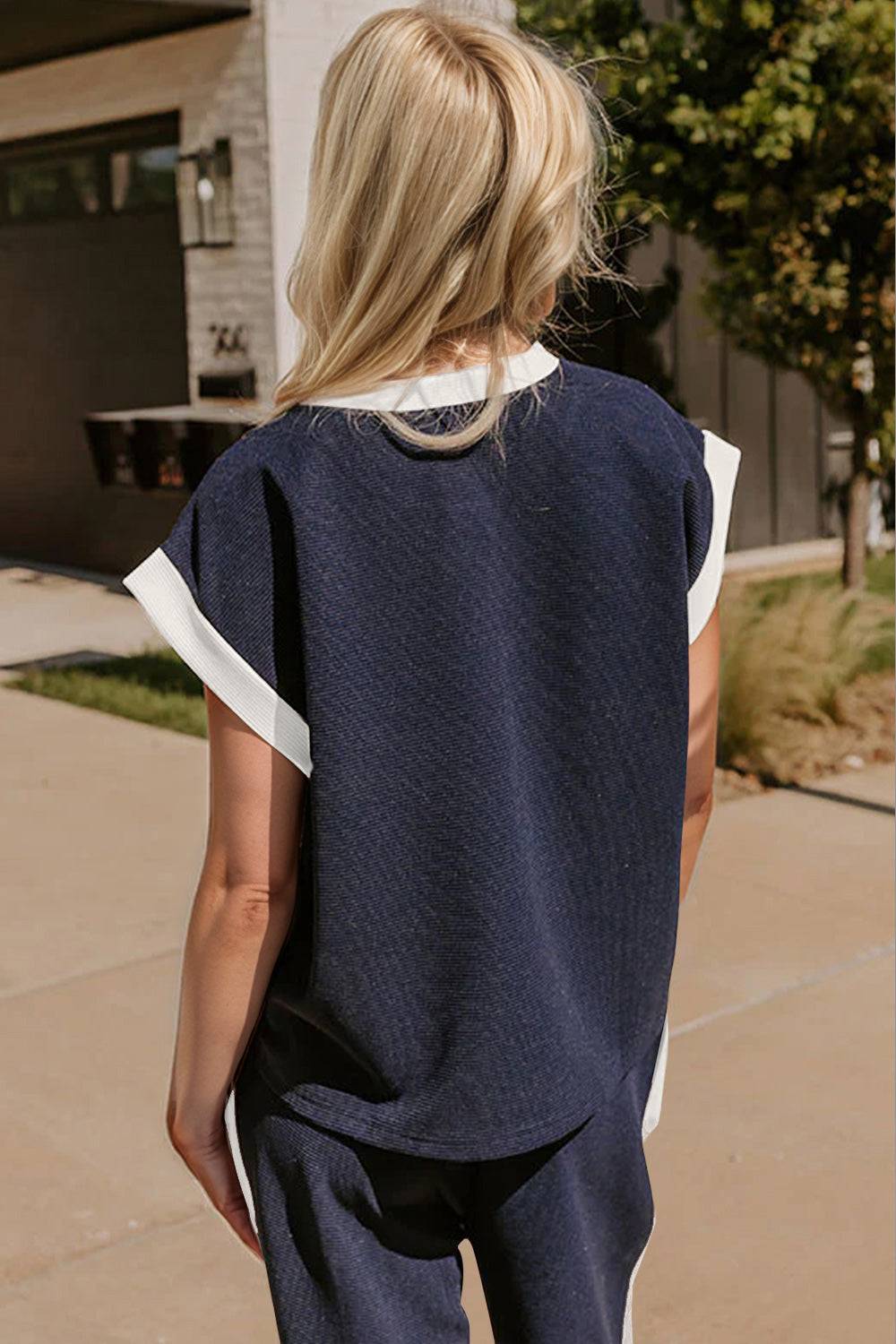 Oh Texture Contrast Trim Round Neck Cap Sleeve Top and Pants Set - Clothes For Her Online Store