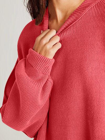 Double Take Side Slit Round Neck Long Sleeve Sweater - Clothes For Her Online Store