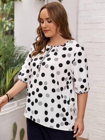 Plus Size Polka Dot Round Neck Half Sleeve Blouse - Clothes For Her Online Store