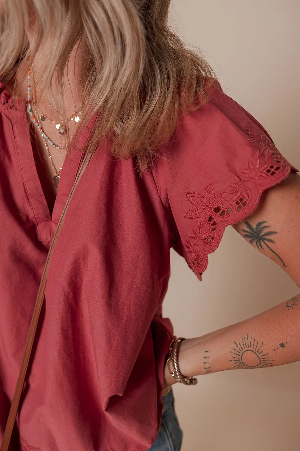 Floral Embroidered Scallop Trim Short Sleeve Notched Blouse