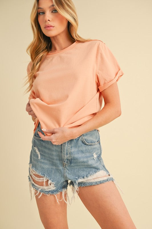 Aemi + Co Exposed Seam Round Neck Short Sleeve T-Shirt - Clothes For Her Online Store