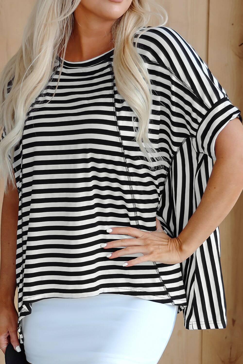 Stripe Batwing Sleeve Round Neck Oversized Top - Clothes For Her Online Store
