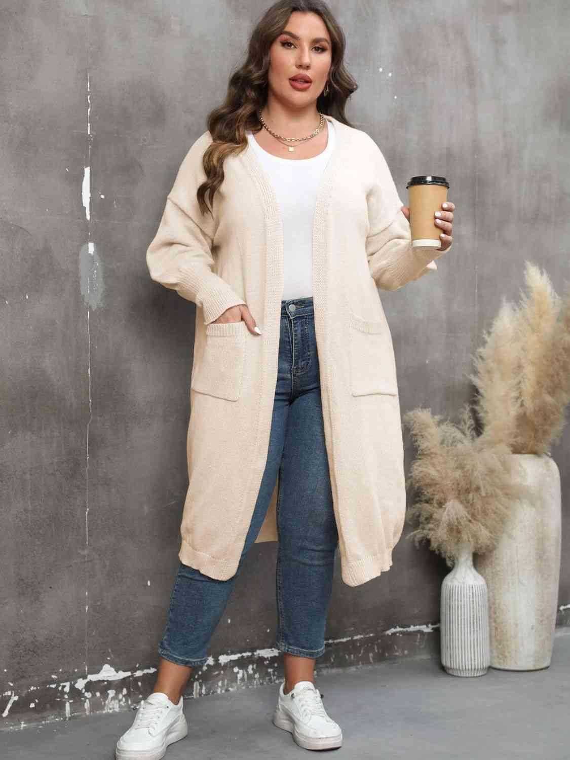 Plus Size Long Sleeve Pocketed Cardigan - Clothes For Her Online Store