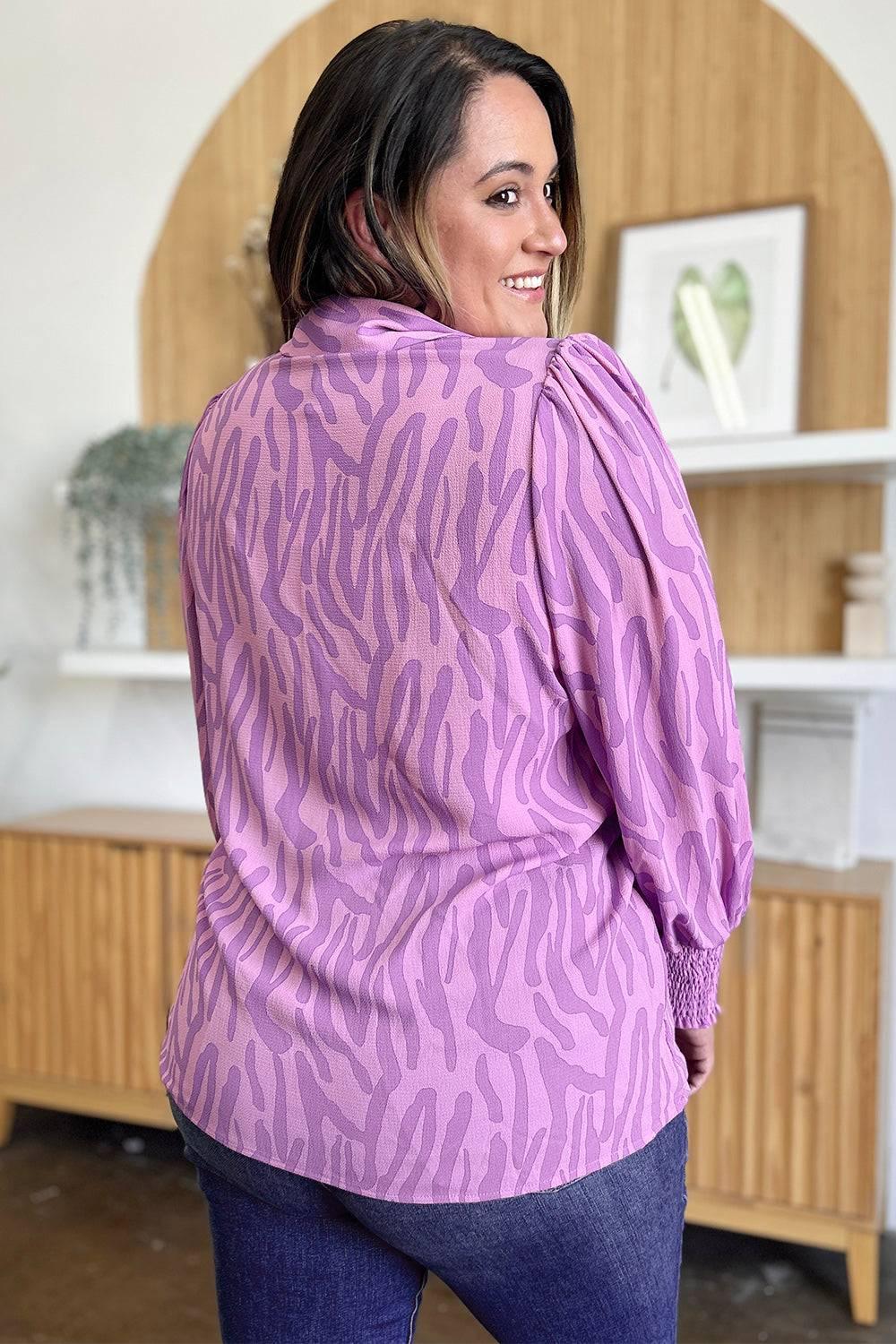 Double Take Full Size Printed Smocked Long Sleeve Blouse - Clothes For Her Online Store
