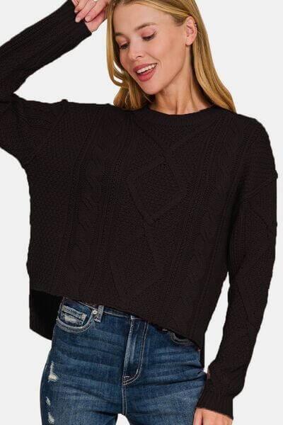Zenana Cropped High Low Cable Sweater with Side Slits - Clothes For Her Online Store