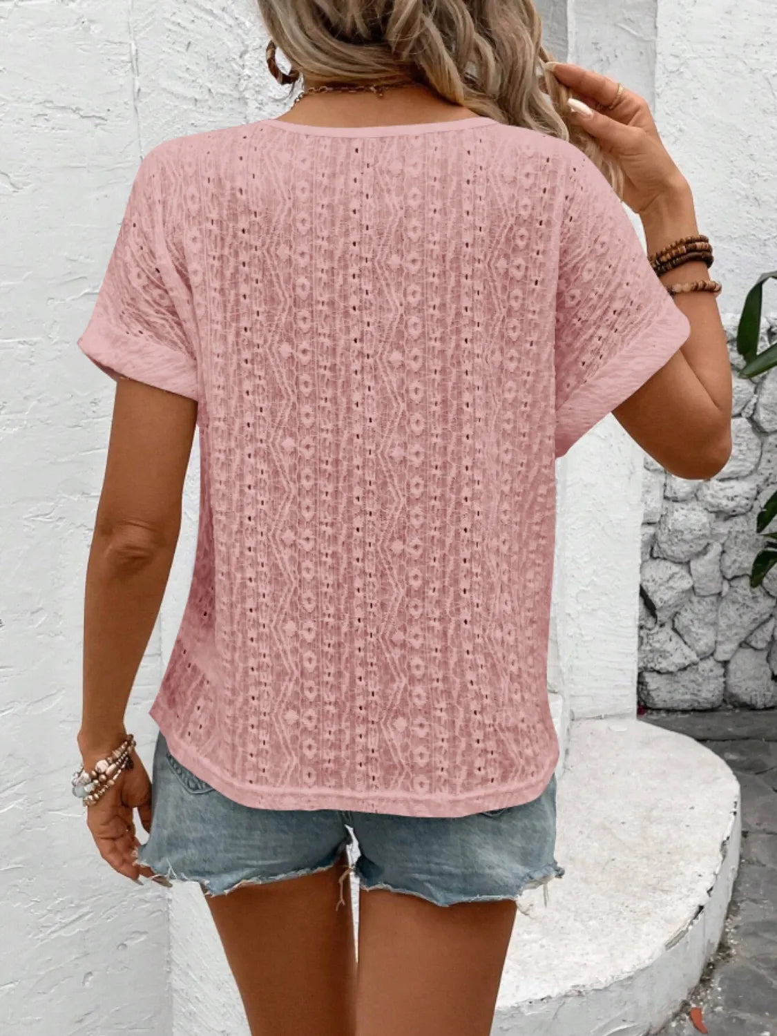 Eyelet Round Neck Short Sleeve Top