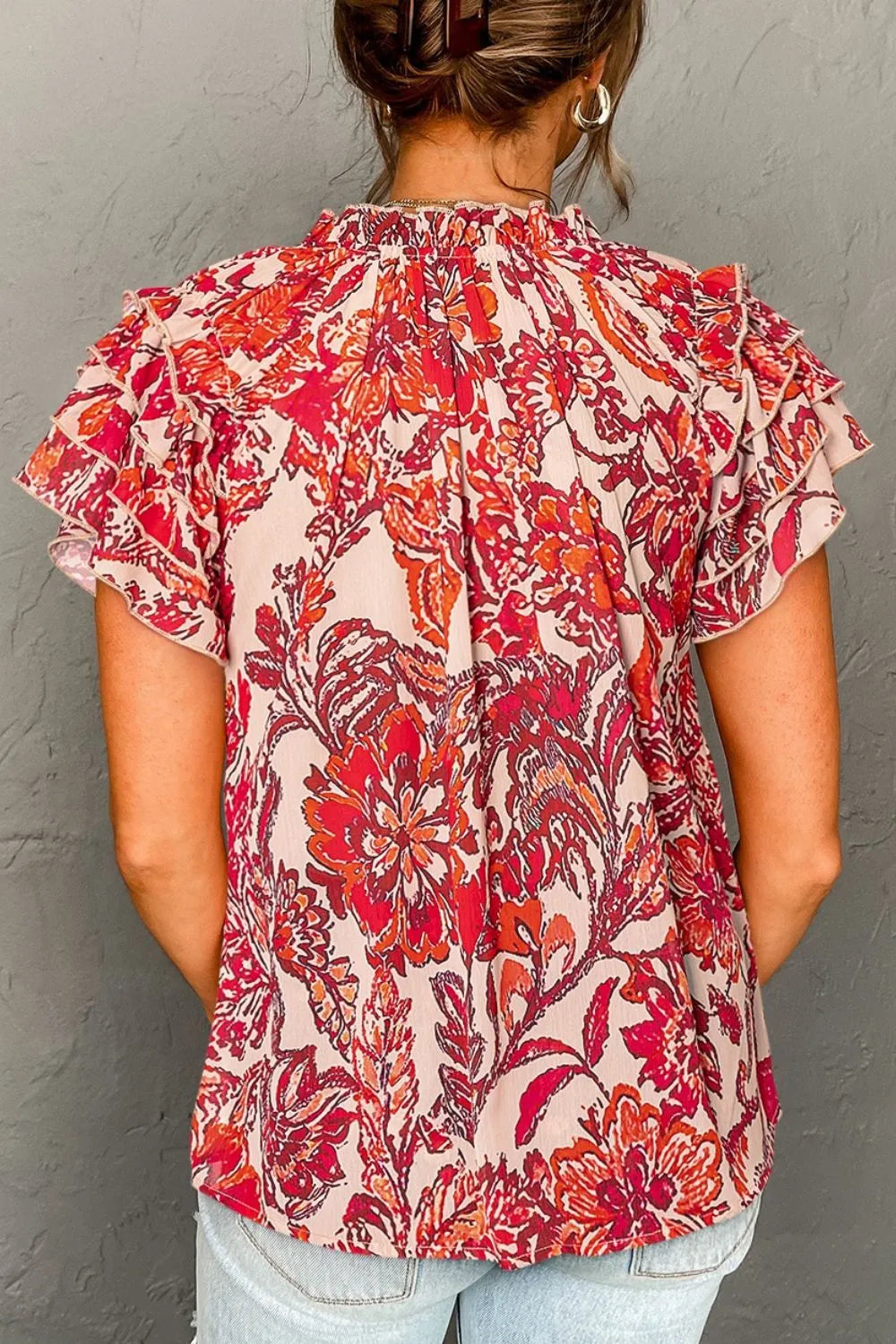 Vintage Floral Ruffle Sleeve V Neck Blouse