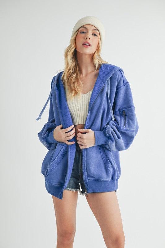 Aemi + Co Exposed Seam Zip Up Drawstring Hooded Jacket - Clothes For Her Online Store