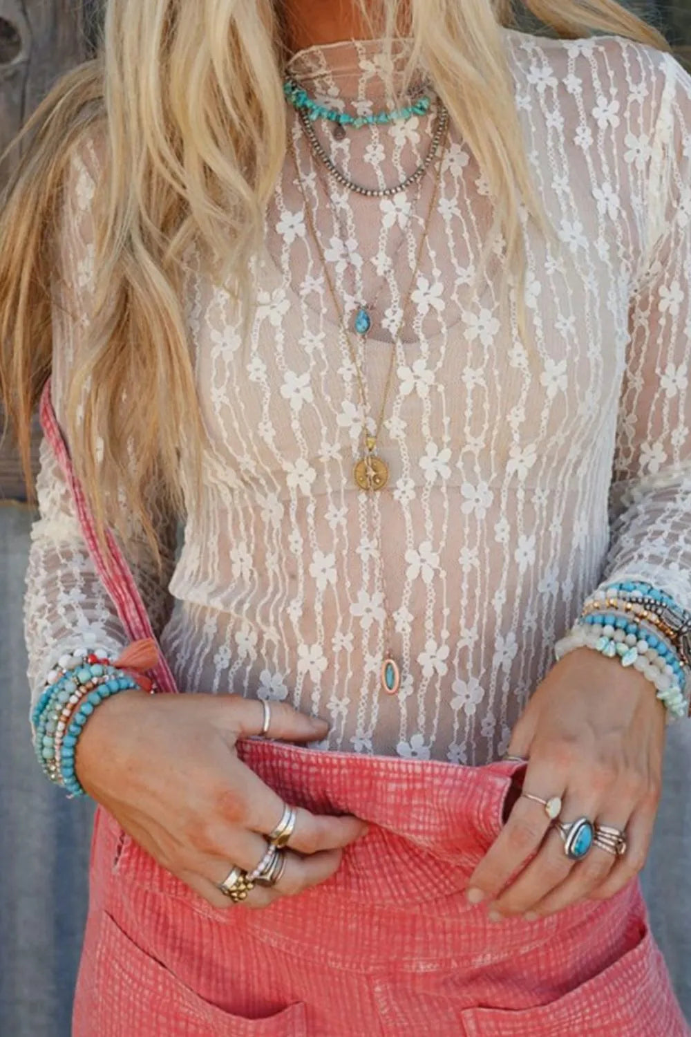 Sheer Floral Lace Long Sleeve Slim Fit Top