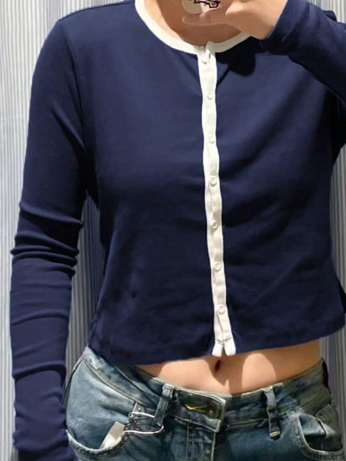 Devine Button Down Contrast Trim Round Neck Long Sleeve Shirt - Clothes For Her Online Store