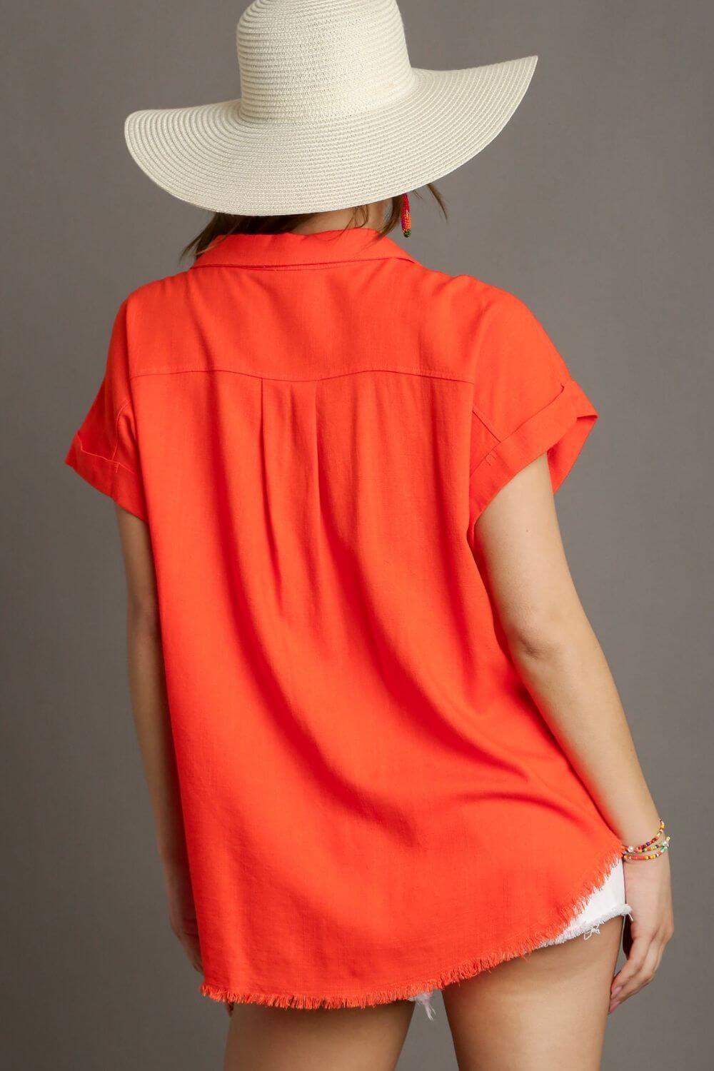 Umgee Full Size Linen Blend Button Down Short Folded Sleeve Shirt Plus Size - Clothes For Her Online Store