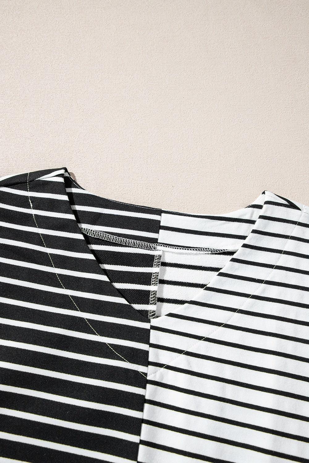 Stripe Two Tone Colorblock V-Neck T-Shirt - Clothes For Her Online Store